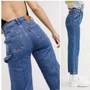 LEVI'S Ribcage Straight Cargo Carpenter Utility Button Blue Jeans Womens 26